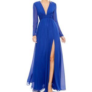 NEW | Mac Duggal 55680 V-Neck Front Twist Long Sleeve Gown Chiffon Sapphire 8